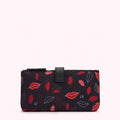 Black zipped pouch with a red and pink lip print.