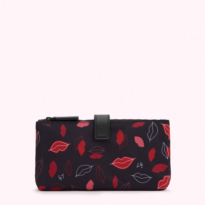 Black zipped pouch with a red and pink lip print.