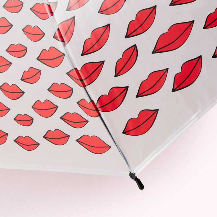 Close-up of a clear umbrella with a pattern of red lips printed on a light grey background.