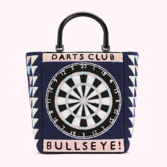 Blue tote bag with a dartboard design, the text "DARTS CLUB" and "BULLSEYE!"