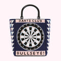 Blue tote bag with a dartboard design, the text "DARTS CLUB" and "BULLSEYE!"