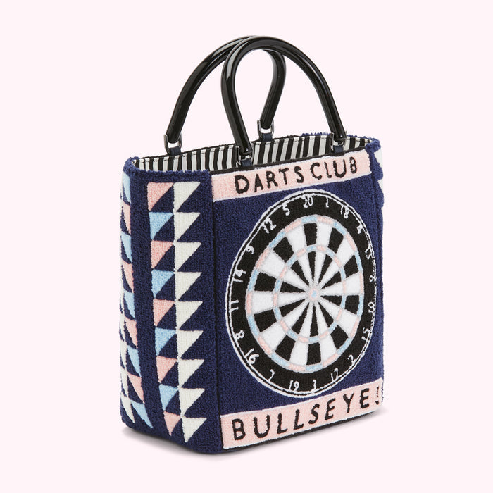 Blue tote bag with a dartboard design, "Darts Club" and "Bullseye!" text.