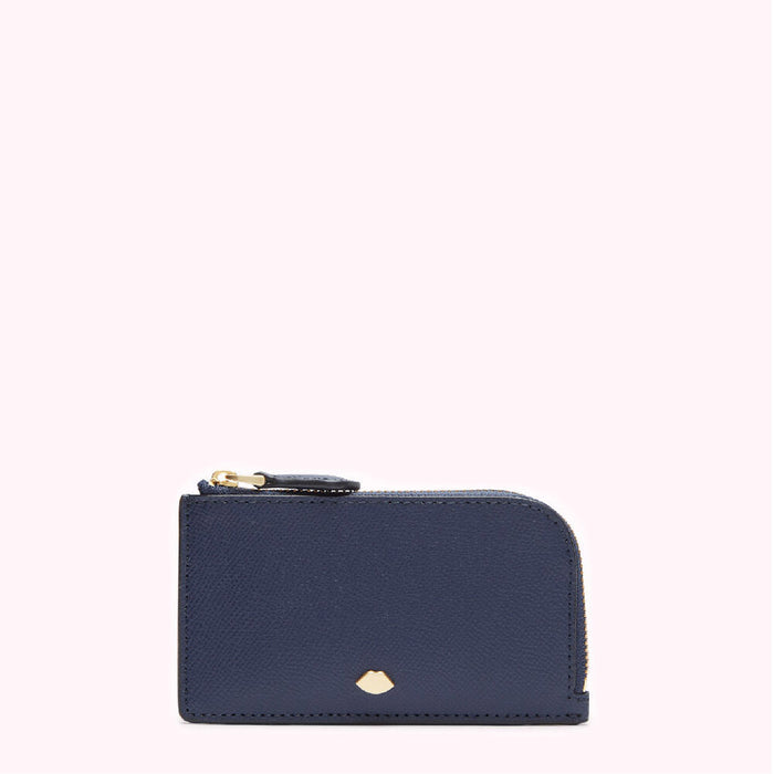 Navy blue leather zip-around wallet on a white background.
