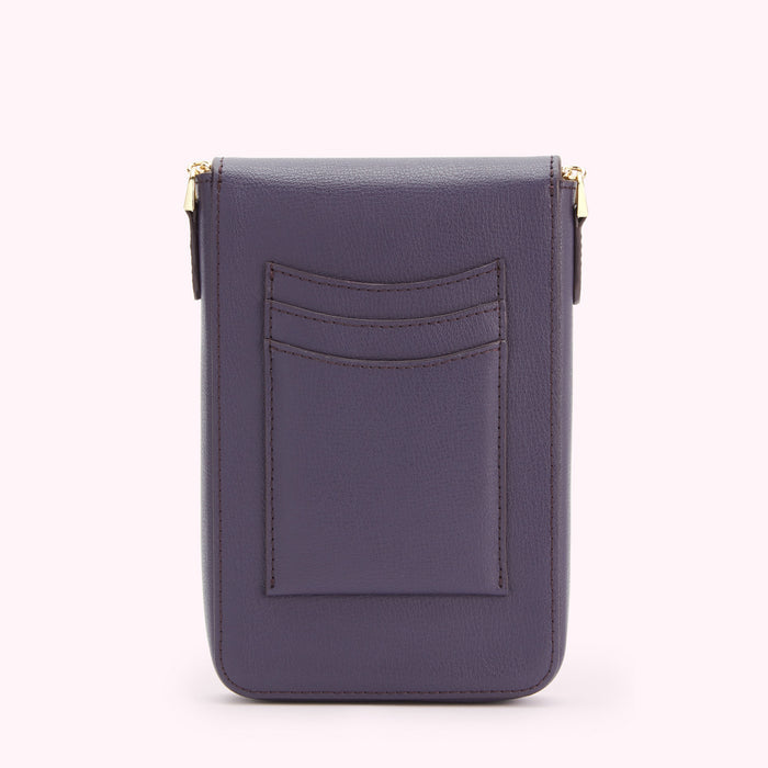 Purple leather phone case with card slots and zipper closure.