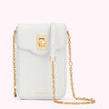 Off-white leather Lulu Guinness crossbody bag with gold chain strap and clasp.