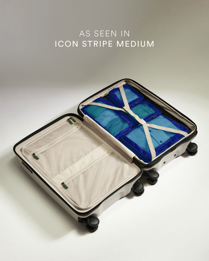 a suitcase with a blue and white object