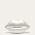 Ivory pearl lip-shaped clutch bag on a light gray background