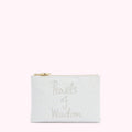 Light blue pouch with the text "Pearls of Wisdom" and pearl accents.