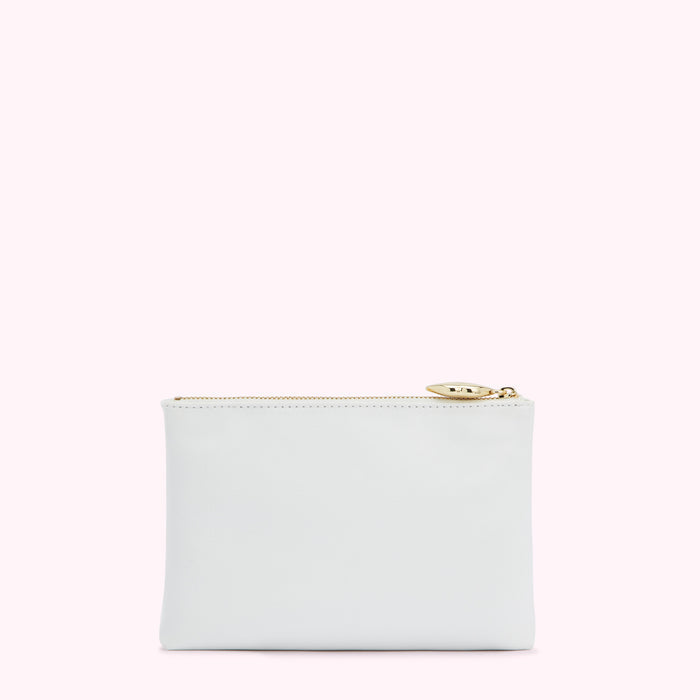 White zipper pouch with gold zipper pull.