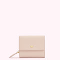 Pale pink leather wallet with gold lip detail against a white background.