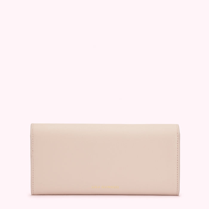 Beige leather wallet on a white background.