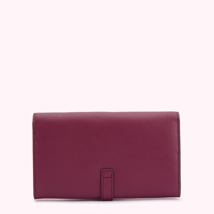 Burgundy leather wallet on white background.