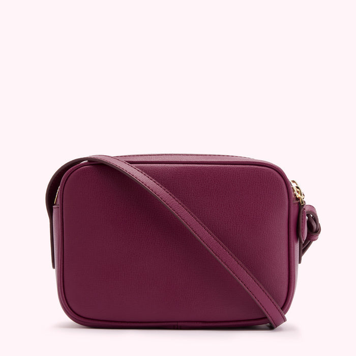 Burgundy leather crossbody bag with gold hardware.