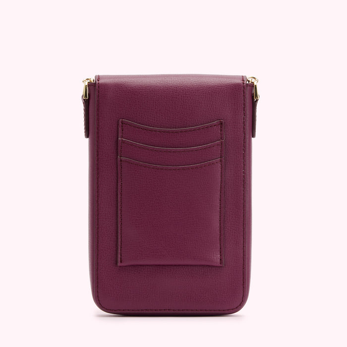 Burgundy leather phone crossbody bag with multiple card slots and zipper closure.