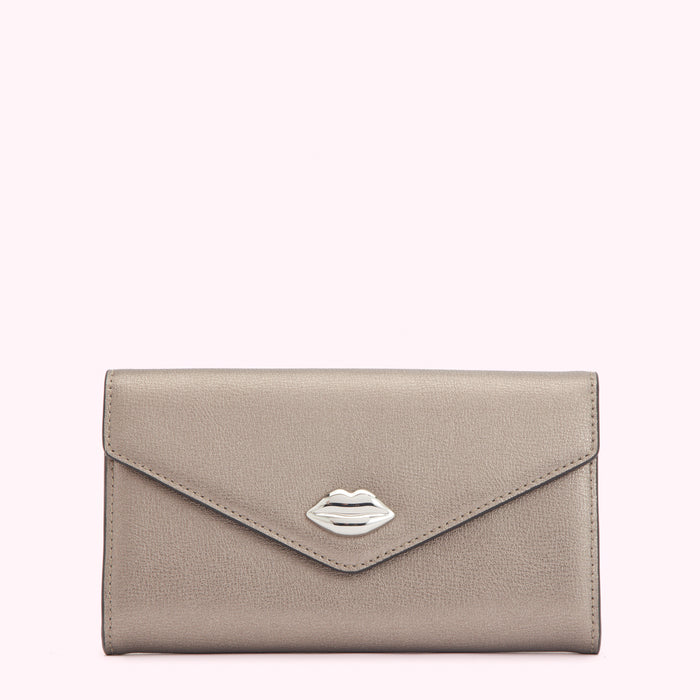 A taupe leather wallet with a silver lip-shaped clasp against a white background.