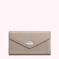 A taupe leather wallet with a silver lip-shaped clasp against a white background.