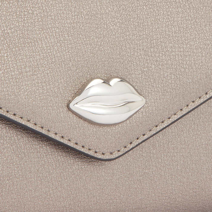 Close-up of a metallic taupe leather wallet featuring a silver lip detail.