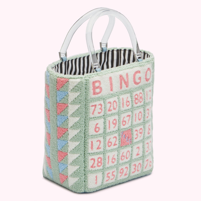 Light green Bingo tote bag with clear handles and pink and blue accents.