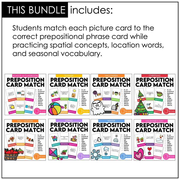 Prepositions of Place Card Match ACTIVITY BUNDLE - Seasonal Vocabulary - Hot Chocolate Teachables