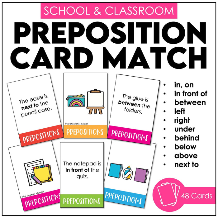 Prepositions of Place Card Match ACTIVITY BUNDLE - Seasonal Vocabulary - Hot Chocolate Teachables