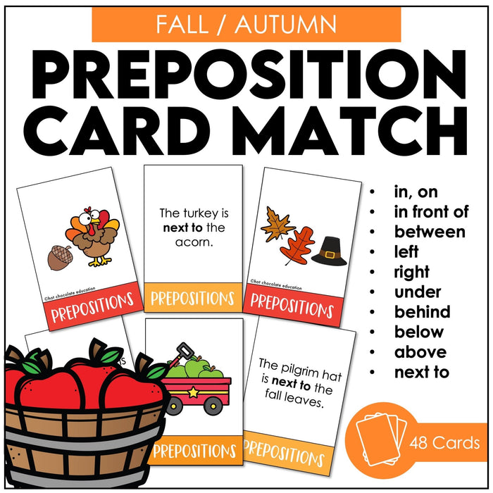 Prepositions of Place Card Match ACTIVITY BUNDLE - Seasonal Vocabulary - Hot Chocolate Teachables