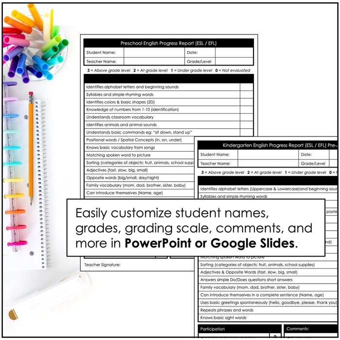 Preschool & Kindergarten ESL/EFL Progress Reports – Editable for Young Learners - Hot Chocolate Teachables