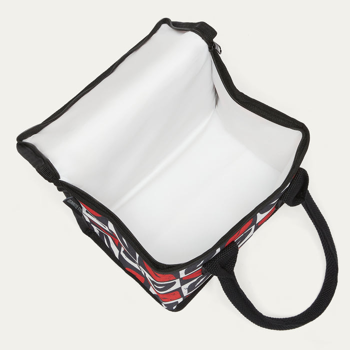 An open square insulated bag with a white interior, black zipper and handles, and a black, white, and red patterned exterior, shown on a light gray background.