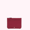 Crimson leather zip pouch with a small front pocket and silver zipper.