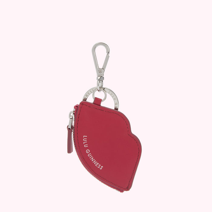 Red leather Lulu Guinness lip-shaped keyring with silver-toned hardware.