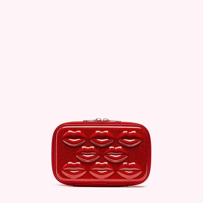 Red rectangular cosmetic bag with 3D lip design.