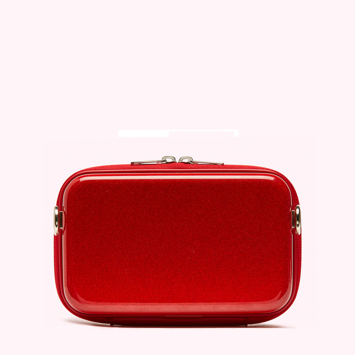 Red glitter cosmetic bag with silver zipper.