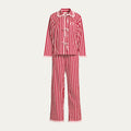 Red and pink striped pyjama set on a light gray background
