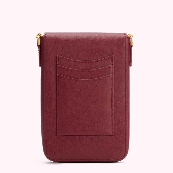 Burgundy leather crossbody bag with gold hardware and multiple card slots.