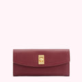 Burgundy leather wallet with gold clasp.