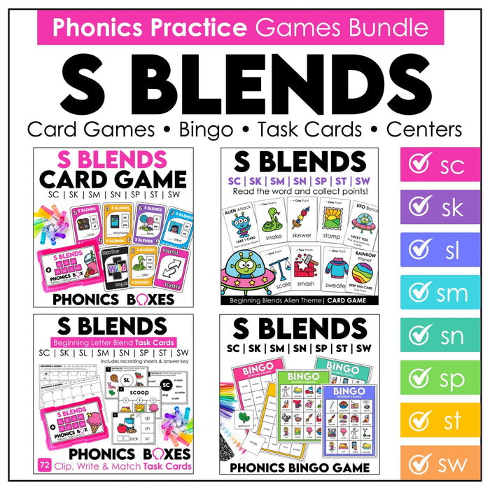 S Blends Phonics Games Bundle – Card Games, Bingo & Task Card Activities - Hot Chocolate Teachables