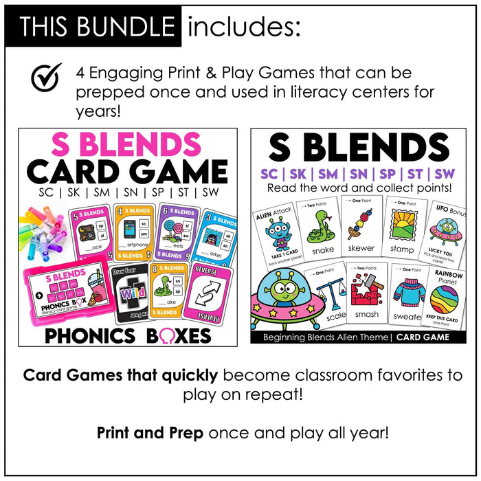 S Blends Phonics Games Bundle – Card Games, Bingo & Task Card Activities - Hot Chocolate Teachables