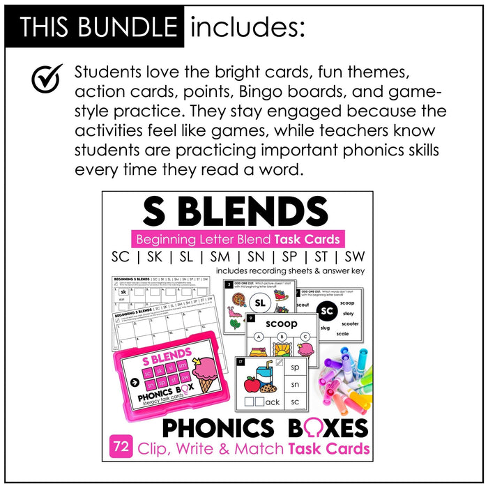 S Blends Phonics Games Bundle – Card Games, Bingo & Task Card Activities - Hot Chocolate Teachables