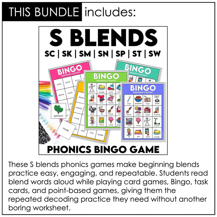 S Blends Phonics Games Bundle – Card Games, Bingo & Task Card Activities - Hot Chocolate Teachables