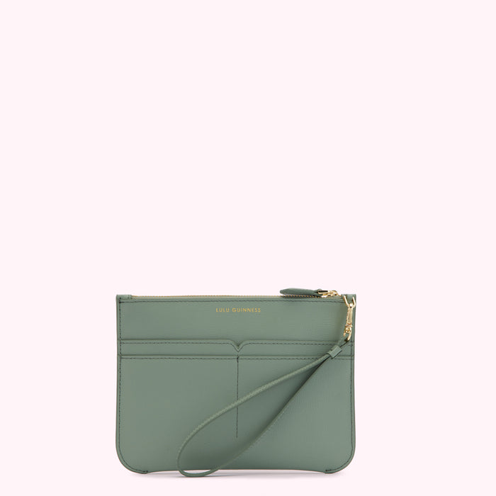 Sage green leather Lulu Guinness zip pouch with wrist strap.