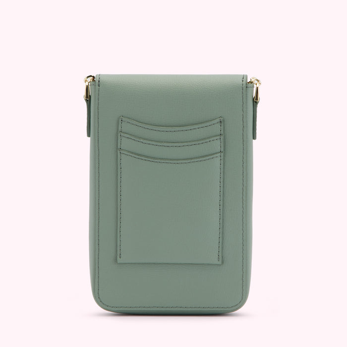 Sage green leather crossbody phone bag with gold hardware and an additional pocket on the back.
