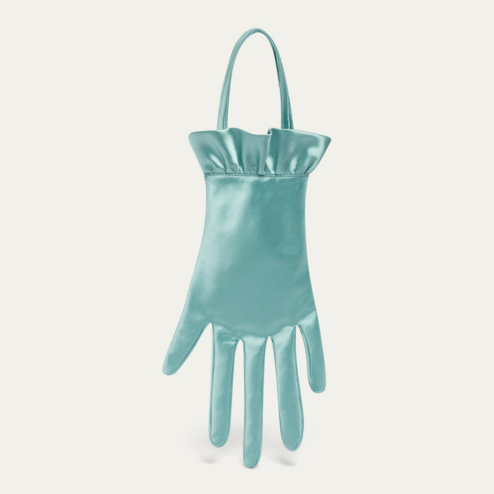 Teal satin hand-shaped handbag with a strap on a light gray background