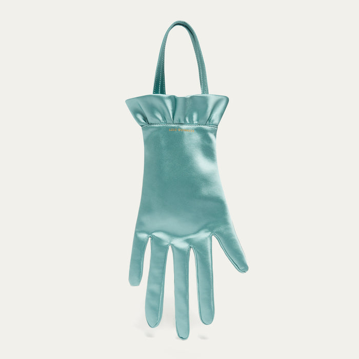 Teal satin hand-shaped handbag with a strap on a light gray background