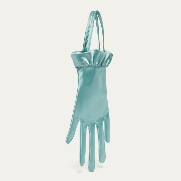 Turquoise satin hand-shaped bag  on a light gray background