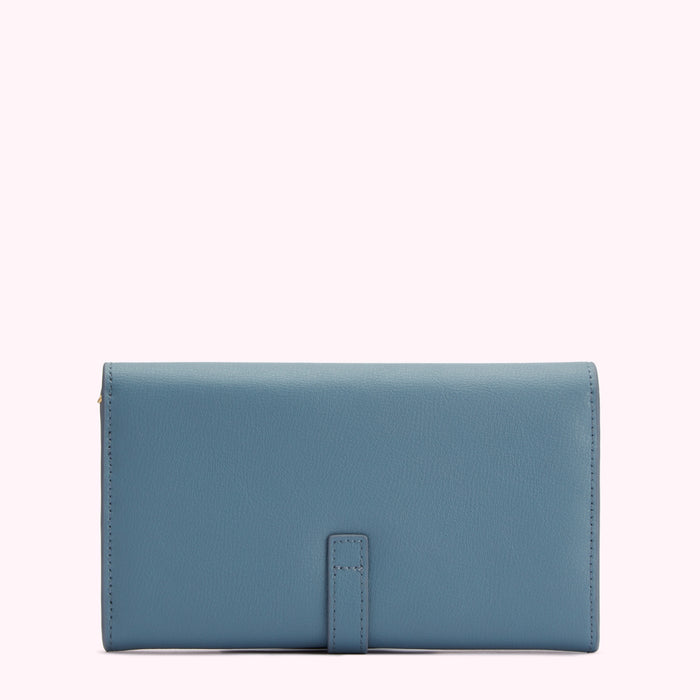 Dusty blue leather wallet with gold clasp.