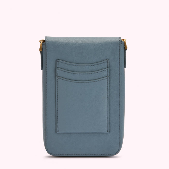 Blue leather crossbody phone bag with card slots.