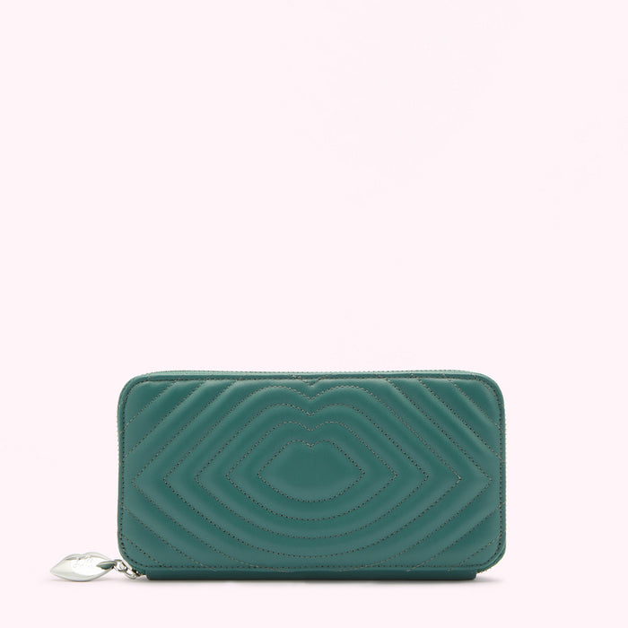 Teal quilted zip-around wallet with heart-shaped pattern.