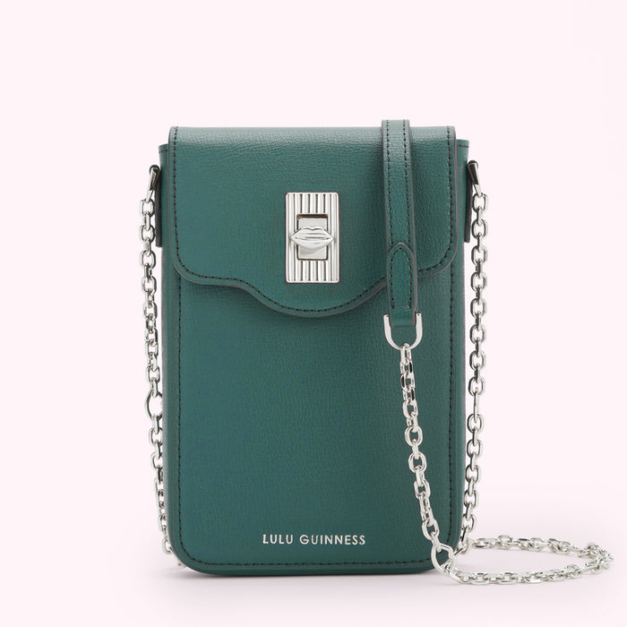Dark teal Lulu Guinness crossbody bag with silver chain strap and lip-shaped clasp.
