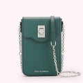 Dark teal Lulu Guinness crossbody bag with silver chain strap and lip-shaped clasp.