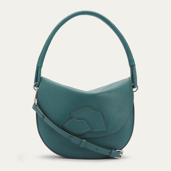 Teal Lulu Guinness crescent bag with a braided top handle and three lips detail.