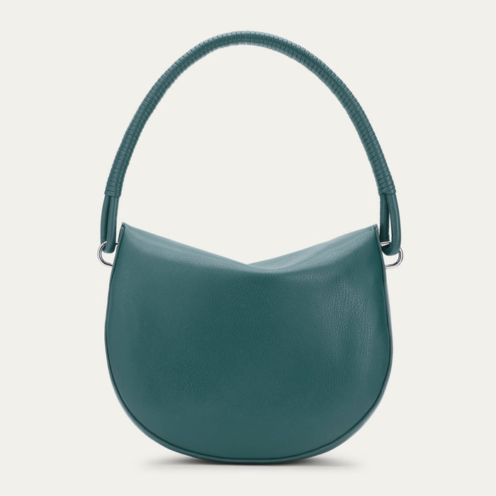 Teal leather hobo handbag with a twisted top handle.